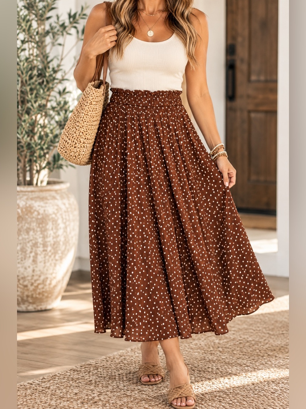 Exlura Brown Polka Dot Pleated Midi Skirt Size Large